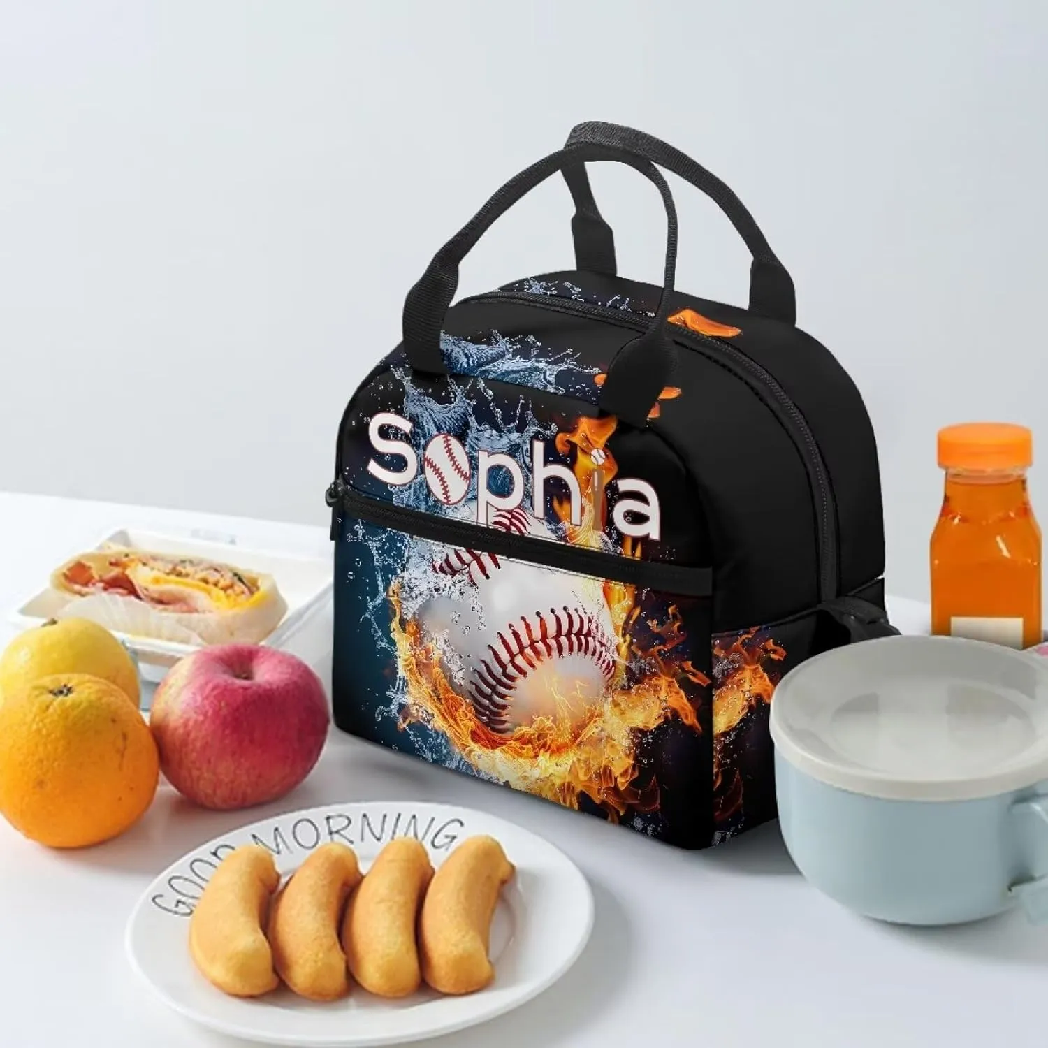 Tuoxiukan Customized Lunch Box with Name Baseball Insulated Lunch Bag for Girls Boys Fire Water Lunchbag Crossbody Lunch Box Purse Leakproof Freezable Cooler Bag Meal Bento Bags Office Work School