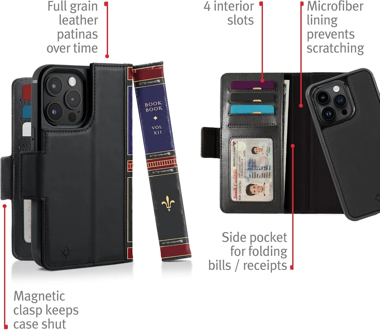Twelve South BookBook for iPhone 15 Pro | MagSafe Compatible Genuine Leather Wallet Case with Display Stand   Removable Stand-Alone Leather Accent Case, Black