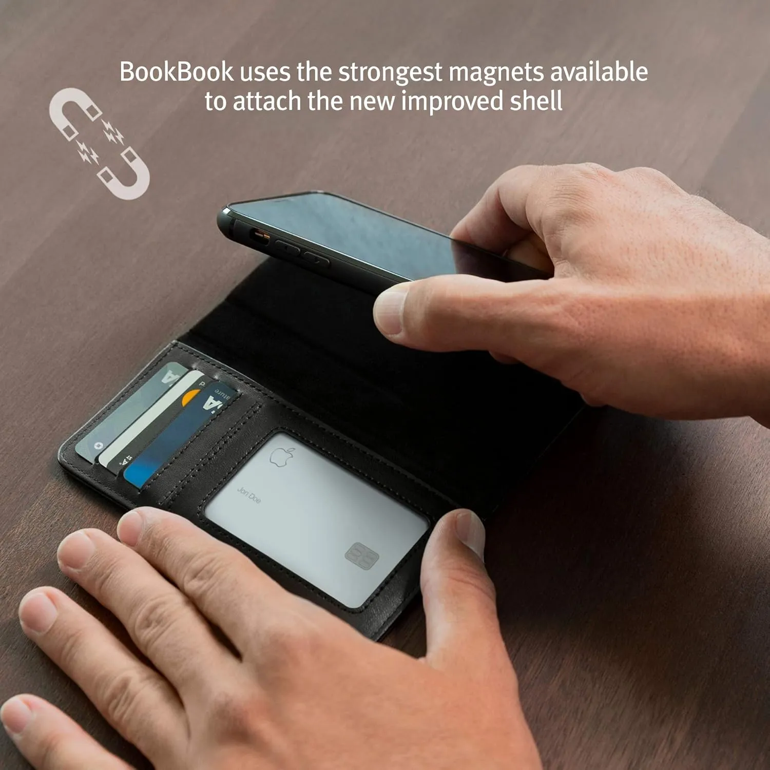 Twelve South BookBook for iPhone 15 Pro | MagSafe Compatible Genuine Leather Wallet Case with Display Stand   Removable Stand-Alone Leather Accent Case, Black
