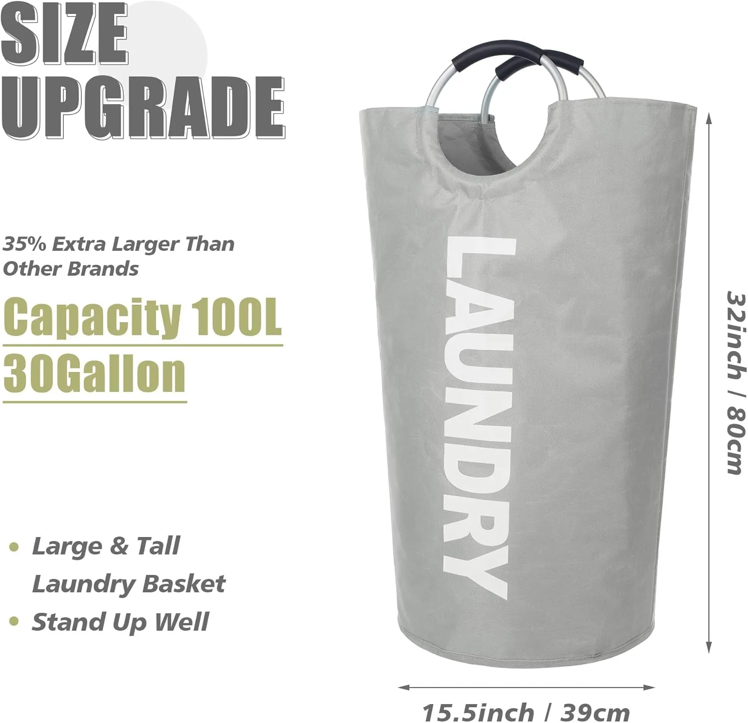 Twira 100L Large Laundry Basket, Laundry Hamper Stands Up Well, Laundry Bag with Padded Handles, Waterproof Clothes Bin Collapsible, Clothes Hamper for Bathroom, Laundry, College (Light Grey)