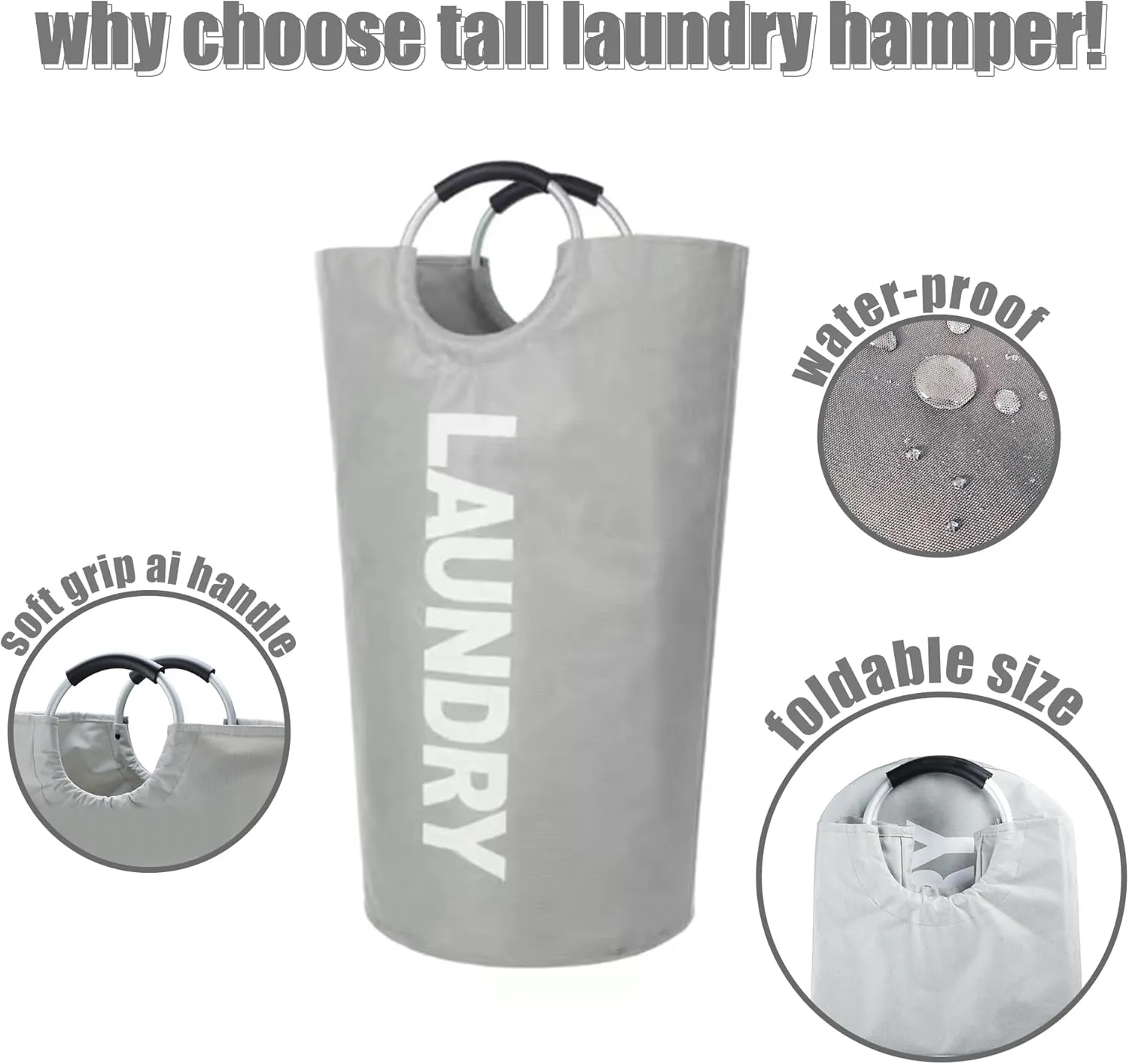 Twira 100L Large Laundry Basket, Laundry Hamper Stands Up Well, Laundry Bag with Padded Handles, Waterproof Clothes Bin Collapsible, Clothes Hamper for Bathroom, Laundry, College (Light Grey)