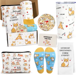 UAREHIBY Corgi Gifts for Lovers, Christmas Birthday Corgi Gift Box for Women, 20 OZ Dog Lover Tumbler, Cute Make up Bag, Funny Dish Towels, Corgis Socks, Corgis Gifts for Dog Mom