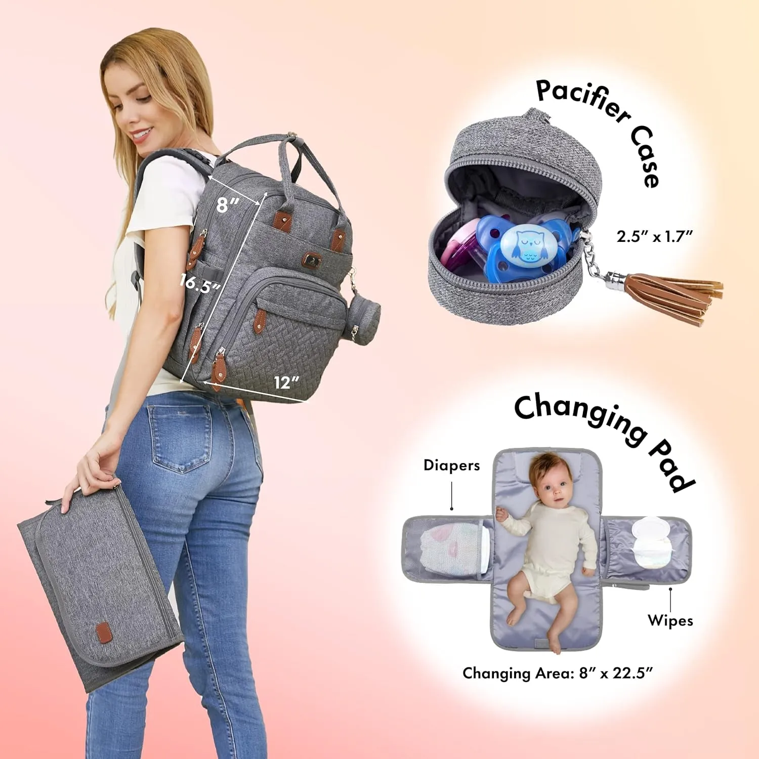 Unisex Flash discount Bag Boys Travel Stroller for Multipurpose Changing Portable Pad, Dads, Long-lasting Large Pacifier Bags Case Diaper Straps, Girls, and Baby Gray Backpack Pack with Back Moms