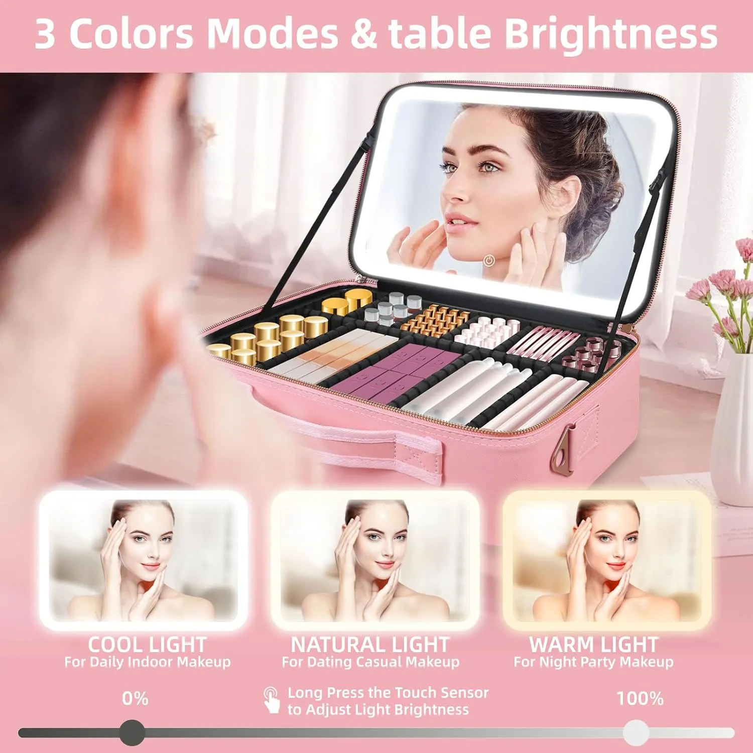 Upgraded Large Travel Makeup Bag with LED Mirror, 15” Professional Makeup Case with 3 Color Modes Dimming Lighted Mirror, Light up Cosmetic Make up Organizer with PU Leather Cover, Adjustable Dividers