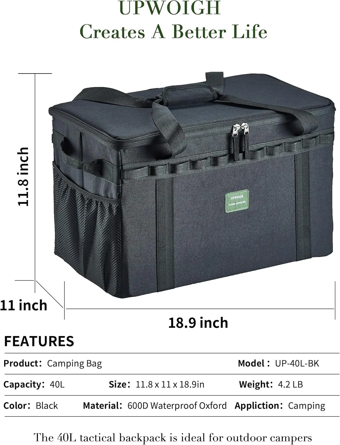 UPWOIGH Tactical Camping Storage Bag 40L – Heavy Duty Duffel with Waterproof Bottom, Collapsible Organizer with 2 Adjustable Dividers, 600D Oxford Fabric, Black Overlanding Gear