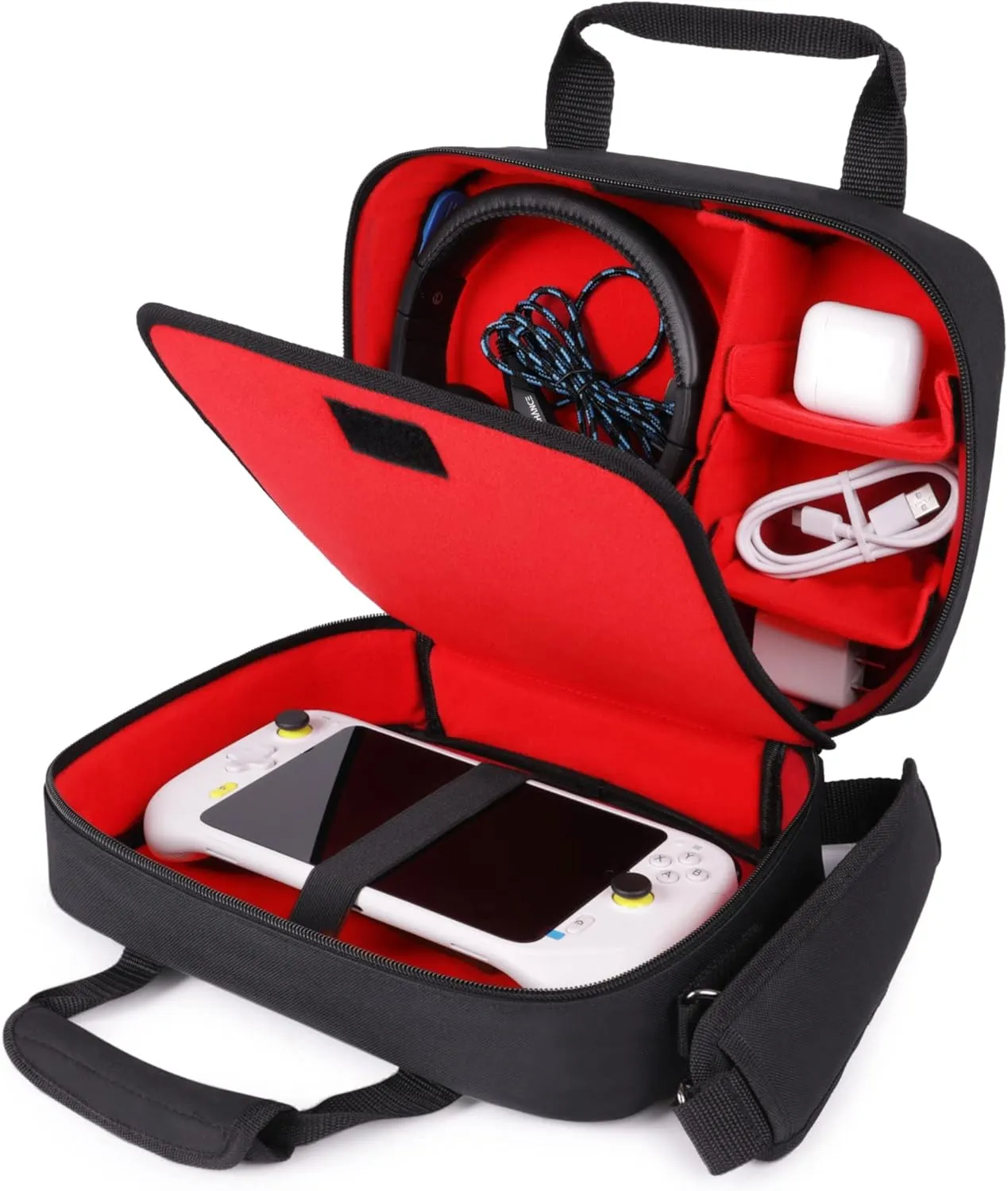 USA Gear Carrying Case Compatible with Logitech G Cloud, ASUS ROG Ally, PS5 Portal, Lenovo Legion Go & More - Protective Shoulder Bag Fits Headsets, Portable Console, AC Adapter, Dock Station - Red