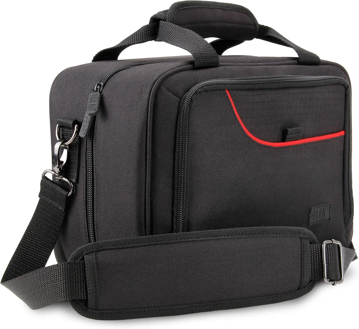 USA Gear Carrying Case Compatible with Logitech G Cloud, ASUS ROG Ally, PS5 Portal, Lenovo Legion Go & More - Protective Shoulder Bag Fits Headsets, Portable Console, AC Adapter, Dock Station - Red