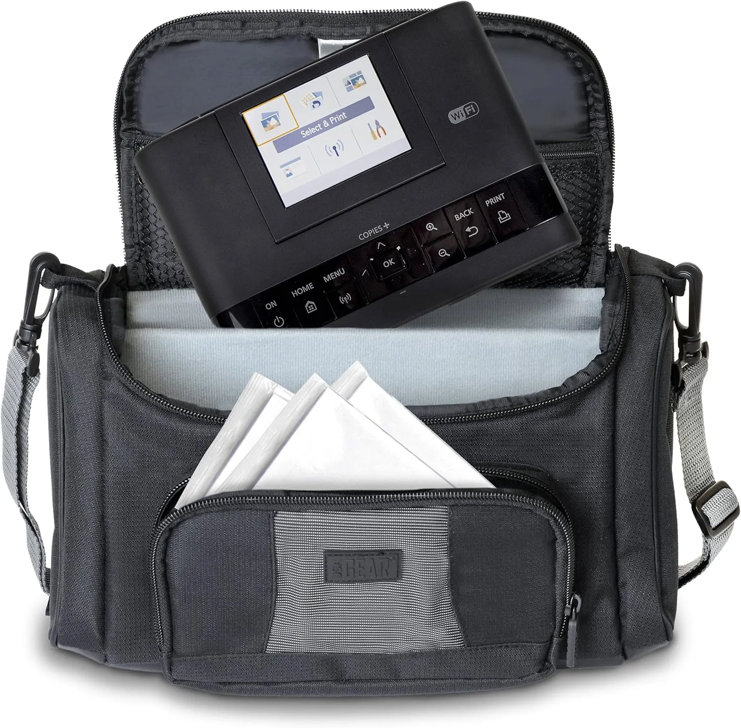 USA Gear Portable Photo Printer Case - Portable Printer Bag with Accessory Pockets, Adjustable Dividers, & Shoulder Strap - Compatible with Canon Selphy CP1200 Wireless Color Photo Printer - Black