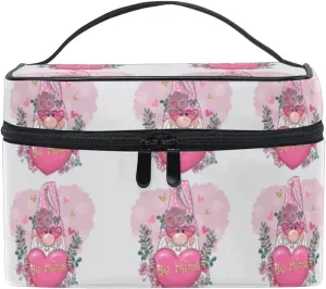 Valentine Be Mine Pink Gnome with Pink Heart, Flowers and Leaves Beauty Cosmetic with Zipper Brush Portable Storage Bag, Fashion printing Toiletry, Durable Travel Organizer Tote Unisex Gifts