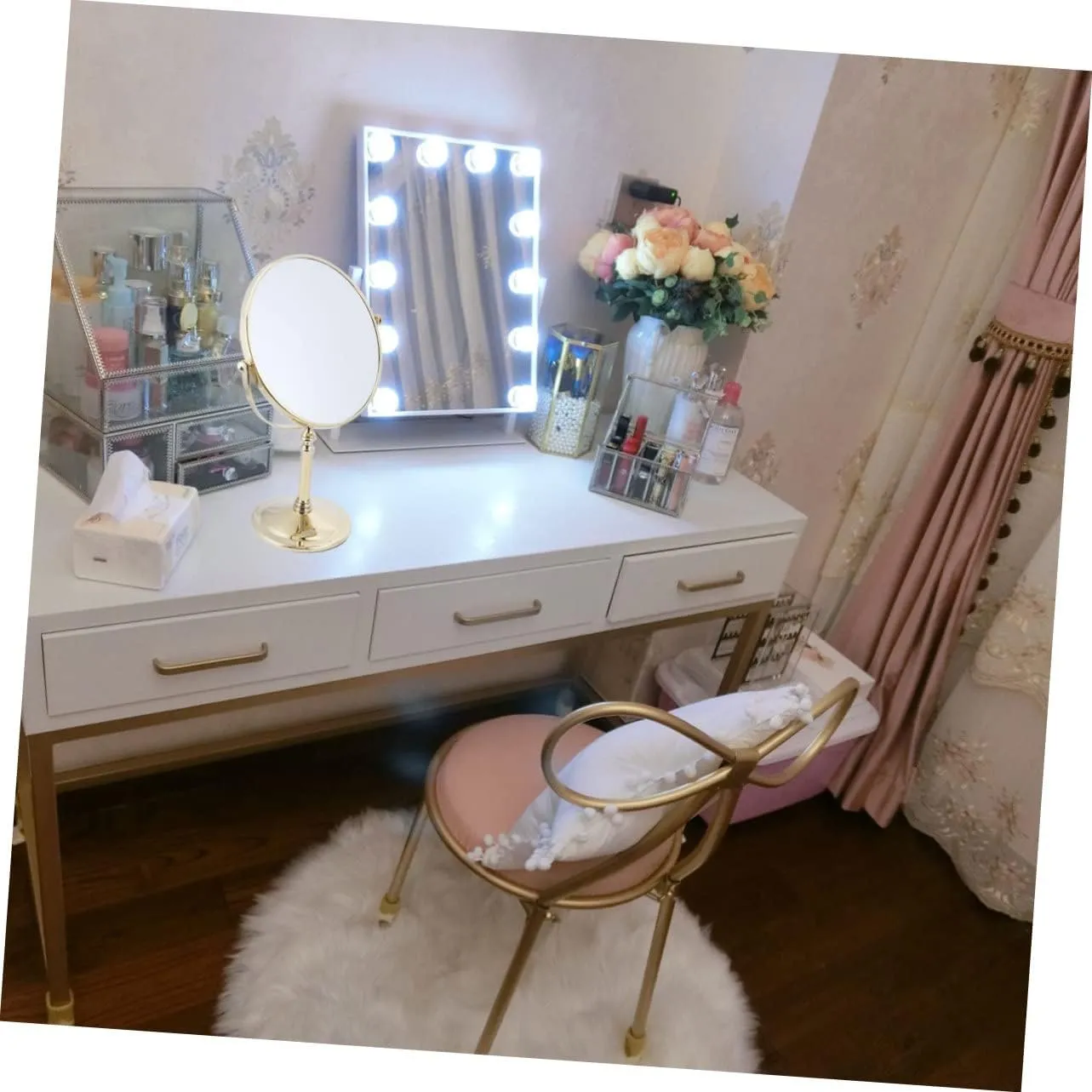 Vanity Mirror 3X Magnification Double Side Makeup Mirror in Gold Frame Table Mirror for Women Design