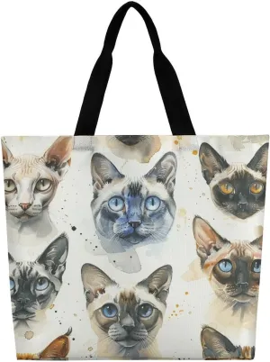 Various Cat Breeds Tote Bag Large Women Casual Shoulder Bag Reusable Grocery Bag Fasion Handbag for Office Shopping Travel