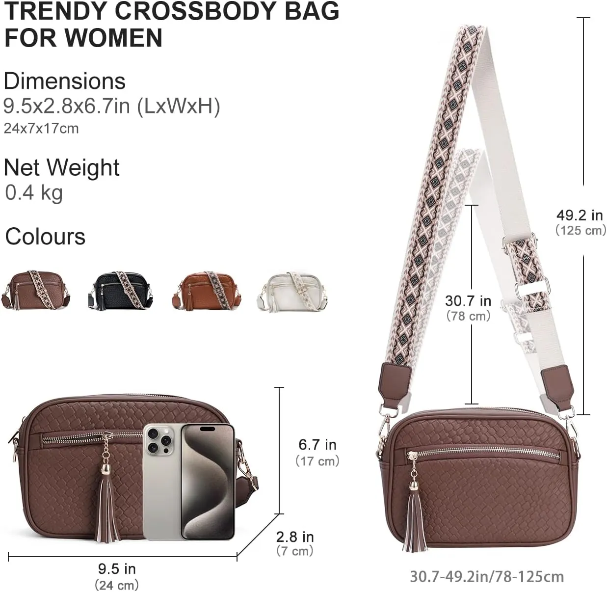 VASCHY Crossbody Purse Bags for Women, Trendy Vegan Leather Woven Small Crossover Shoulder Bag with Detachable Guitar Strap
