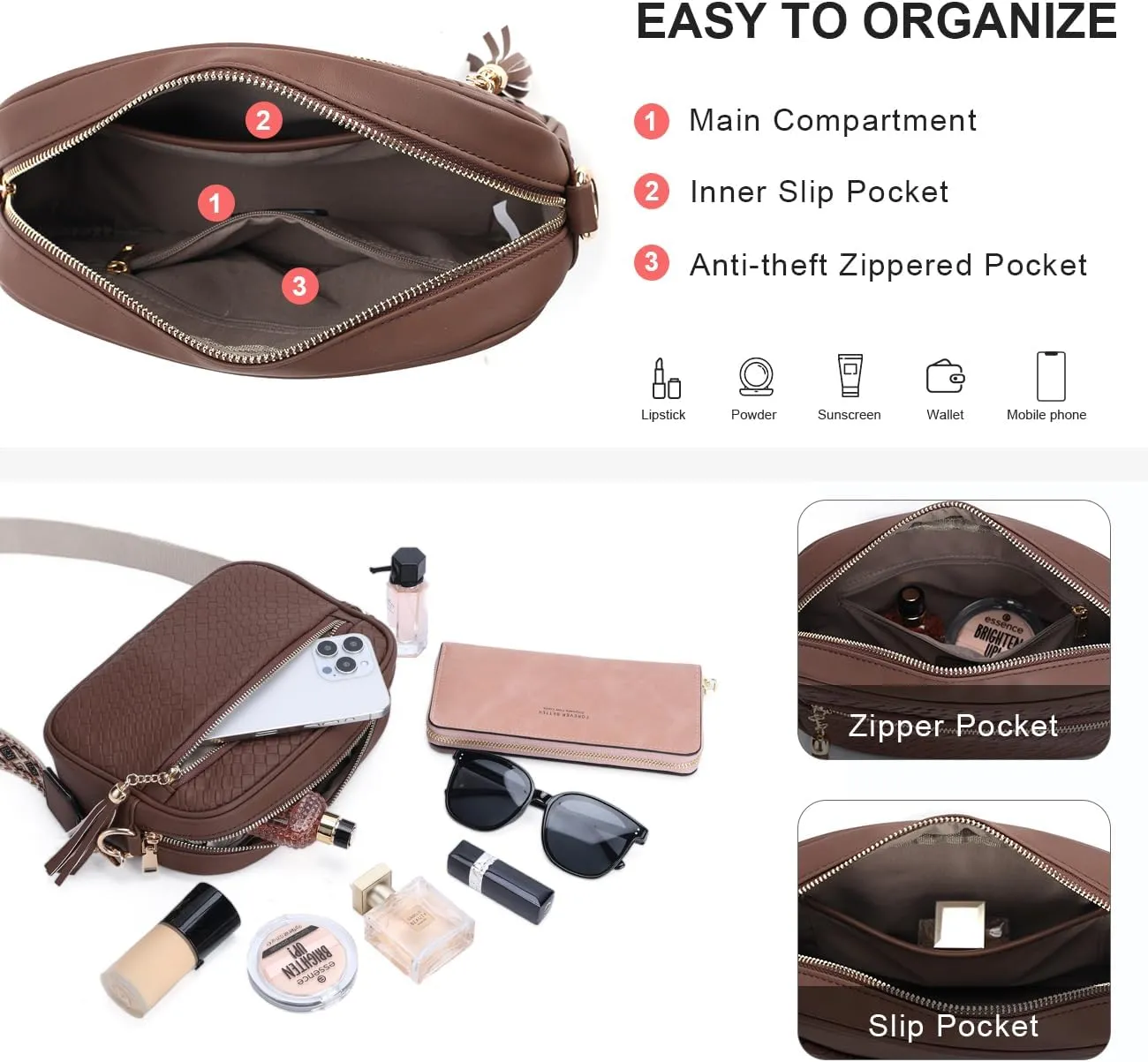 VASCHY Crossbody Purse Bags for Women, Trendy Vegan Leather Woven Small Crossover Shoulder Bag with Detachable Guitar Strap