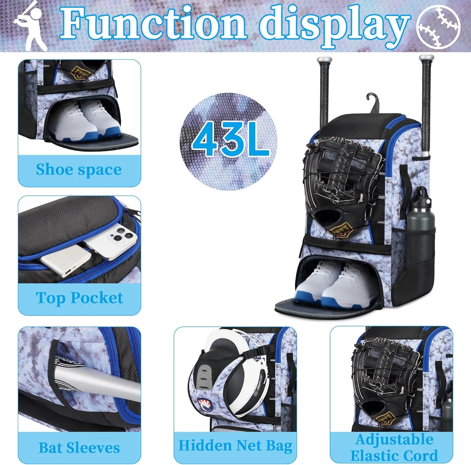VBK Softball Bag for Girls,Kids Baseball Bag,Baseball Backpack for Boys,Tball Bag,Youth Baseball Bag,Softball Equipment with Shoes and Ball Compartment