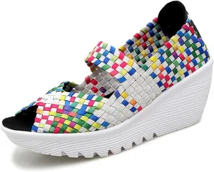 Veroders Women's Woven Elastic Open-Toe Sandals Platform Wedge Sandals for Women Slip-On Wedge Woven Pumps Shoes