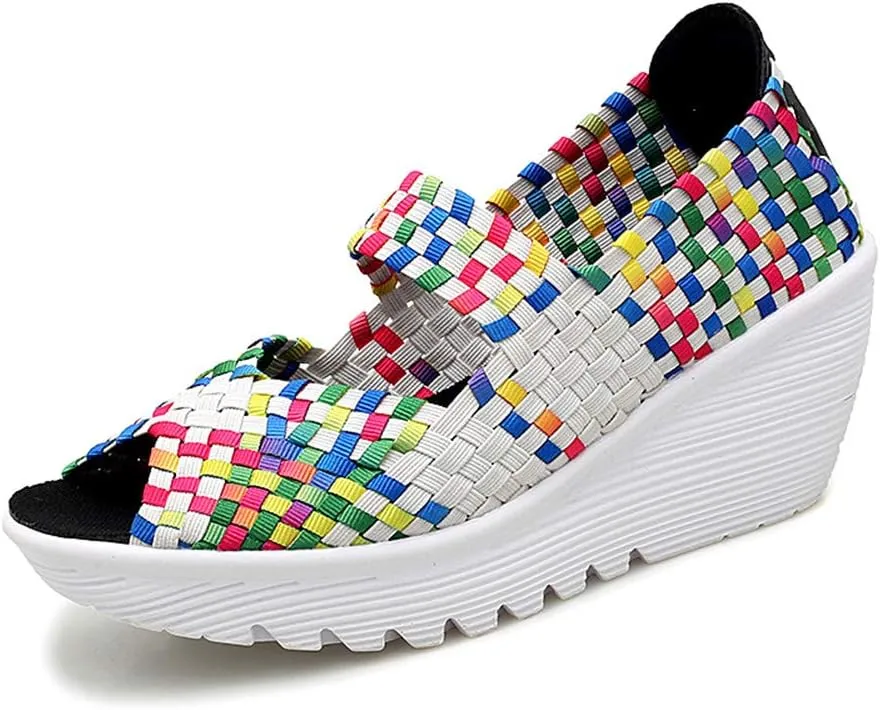Veroders Women's Woven Elastic Open-Toe Sandals Platform Wedge Sandals for Women Slip-On Wedge Woven Pumps Shoes