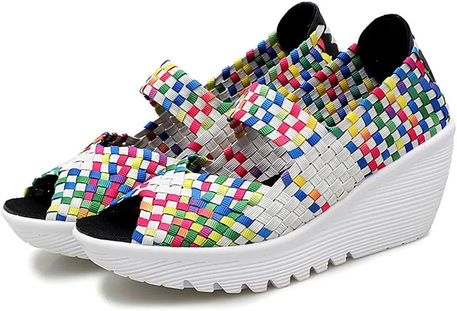 Veroders Women's Woven Elastic Open-Toe Sandals Platform Wedge Sandals for Women Slip-On Wedge Woven Pumps Shoes