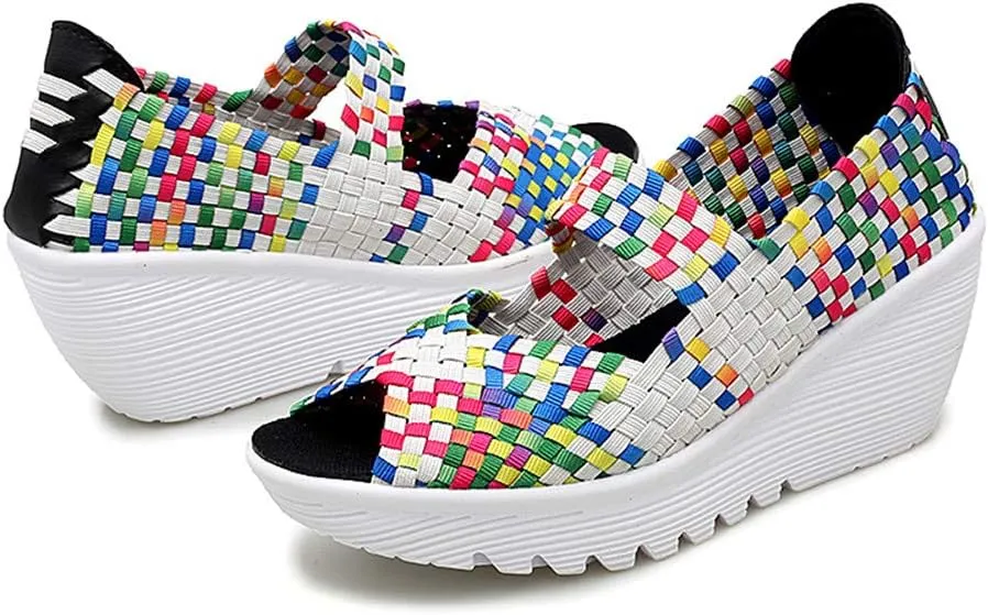 Veroders Women's Woven Elastic Open-Toe Sandals Platform Wedge Sandals for Women Slip-On Wedge Woven Pumps Shoes