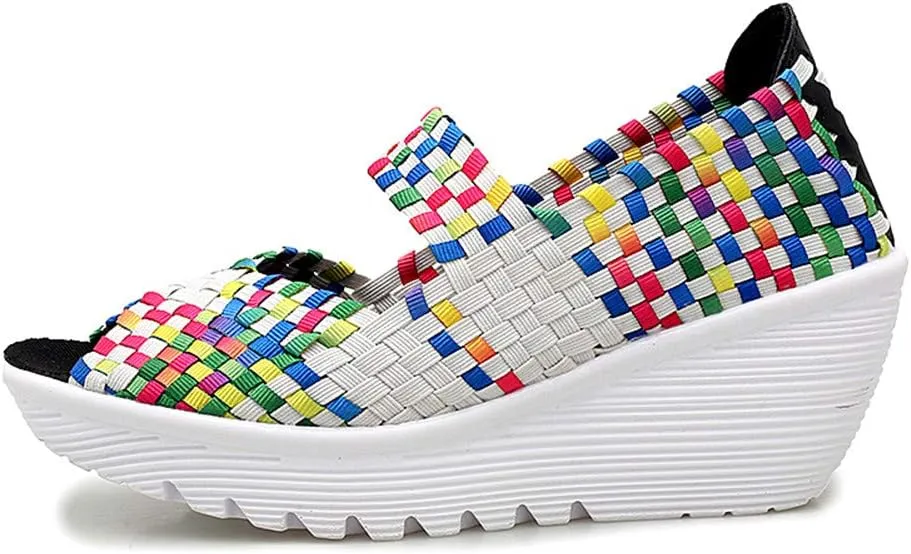 Veroders Women's Woven Elastic Open-Toe Sandals Platform Wedge Sandals for Women Slip-On Wedge Woven Pumps Shoes