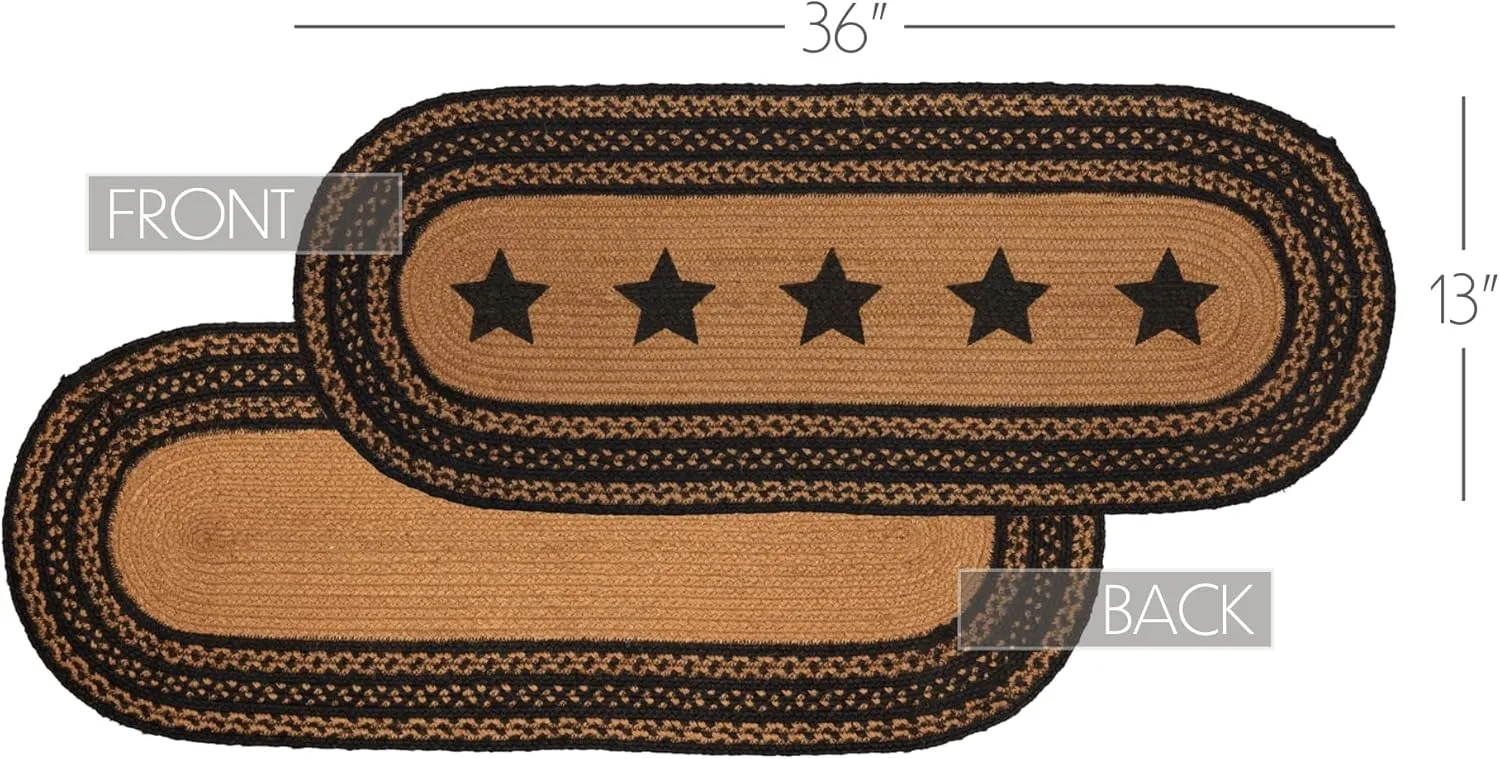 VHC Brands Farmhouse Primitive Jute Black Textured Table Runner w/Stenciled Stars 13"x36"