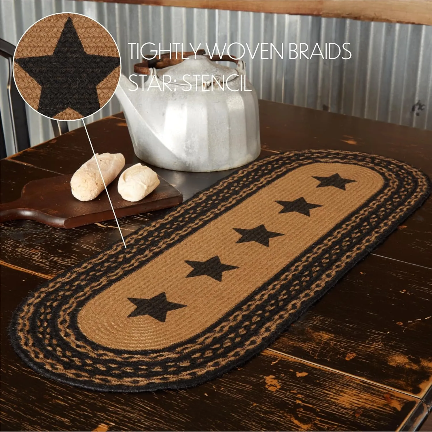 VHC Brands Farmhouse Primitive Jute Black Textured Table Runner w/Stenciled Stars 13"x36"