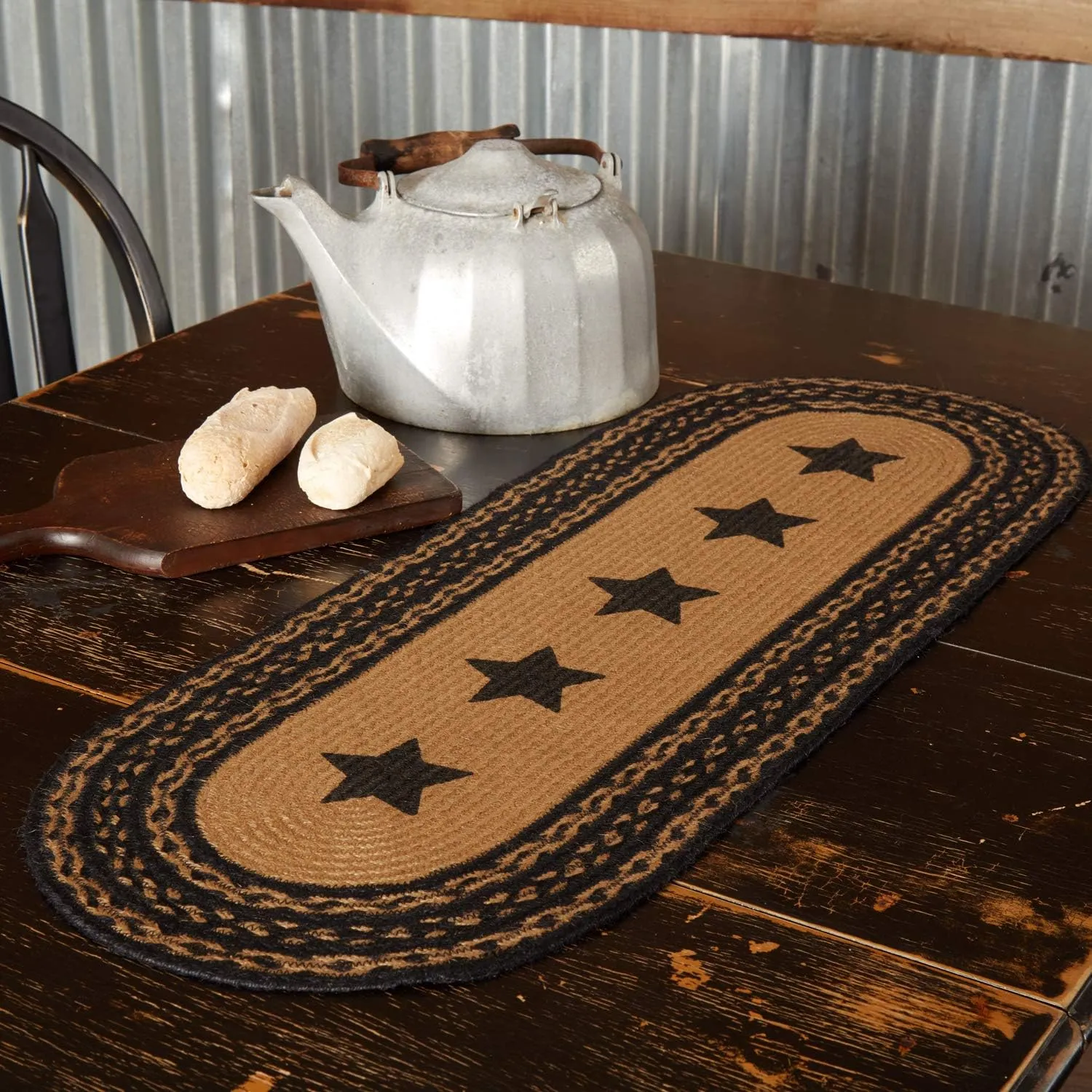 VHC Brands Farmhouse Primitive Jute Black Textured Table Runner w/Stenciled Stars 13"x36"