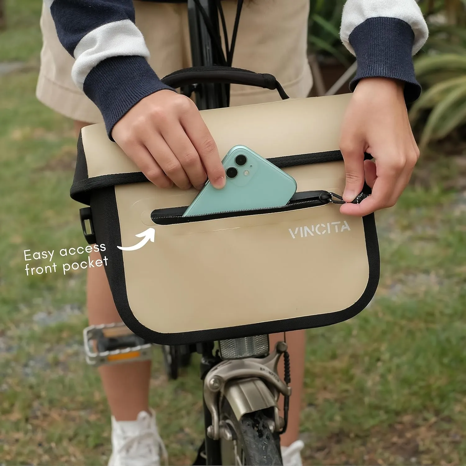 Vincita X-Cooper Water Resistant Front Bag - Bike Bag for Brompton Folding Bicycle with Rear-Opening Magnetic Closure, Spacious Interior, Top Handle and Light Colour Lining
