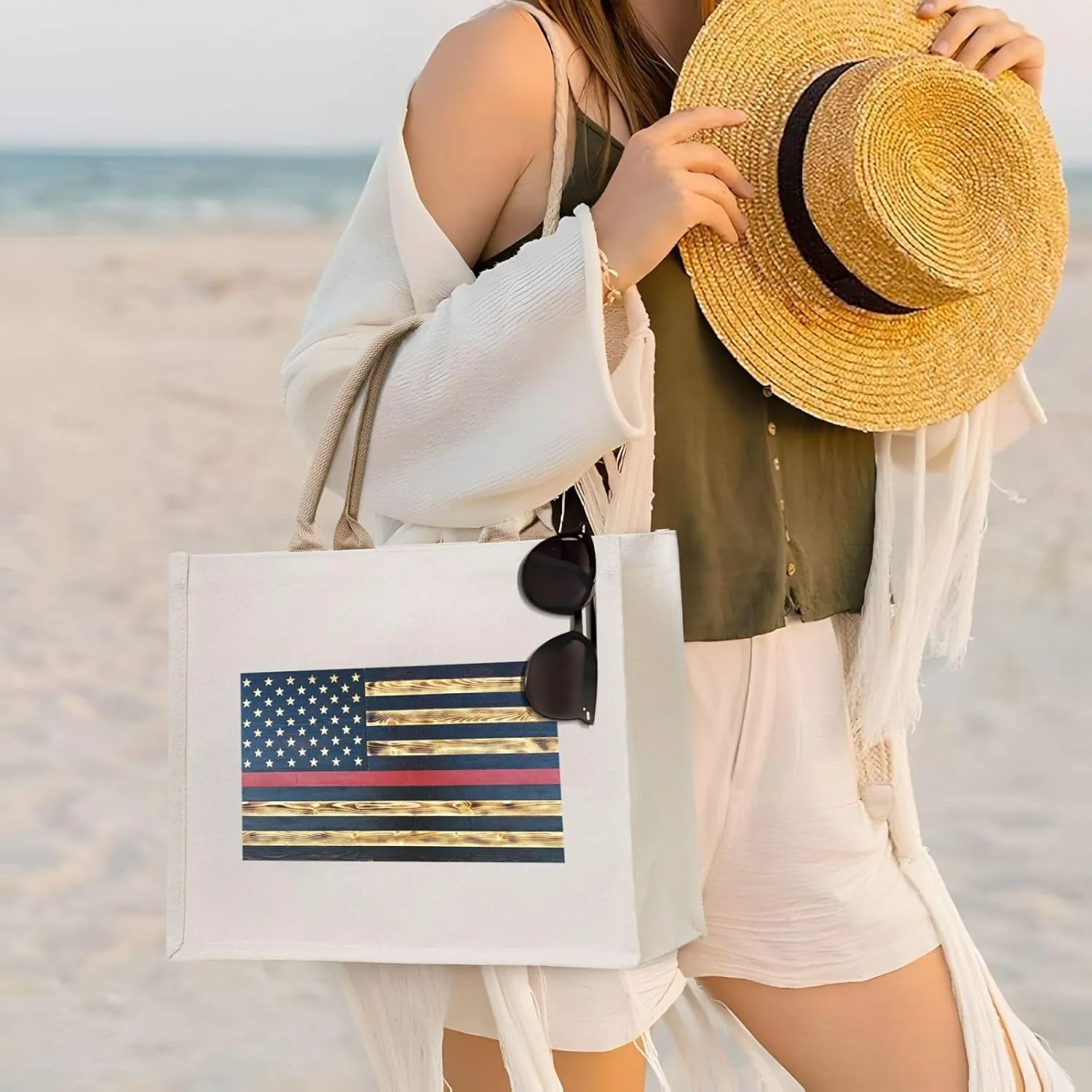 Vintage Sunflowers Canvas Tote Bag for Women, USA Flag Present Bag for Mom Teachers Friends Bridesmaids