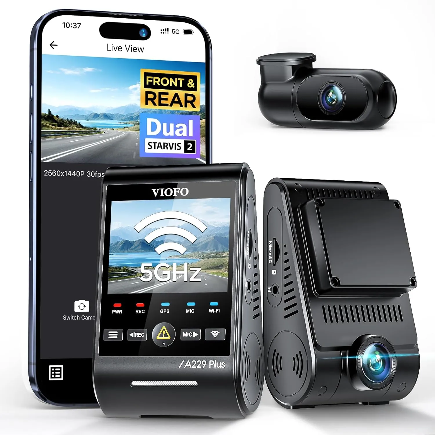 VIOFO A229 Plus Dash Cam Front and Rear, Dual STARVIS 2 Sensors, 2 Channel HDR, 1440P 1440P Voice Control Car Dash Camera, 5GHz Wi-Fi, Support 512GB Max, Voice Control, Ultra-Precise GPS