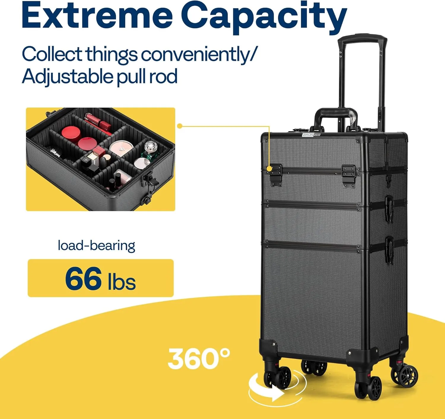 VIVOHOME 4 in 1 Makeup Rolling Train Case Aluminum Trolley Professional Cosmetic Organizer Box with Shoulder Straps 2 Keys Black(Cosmetic are not included)