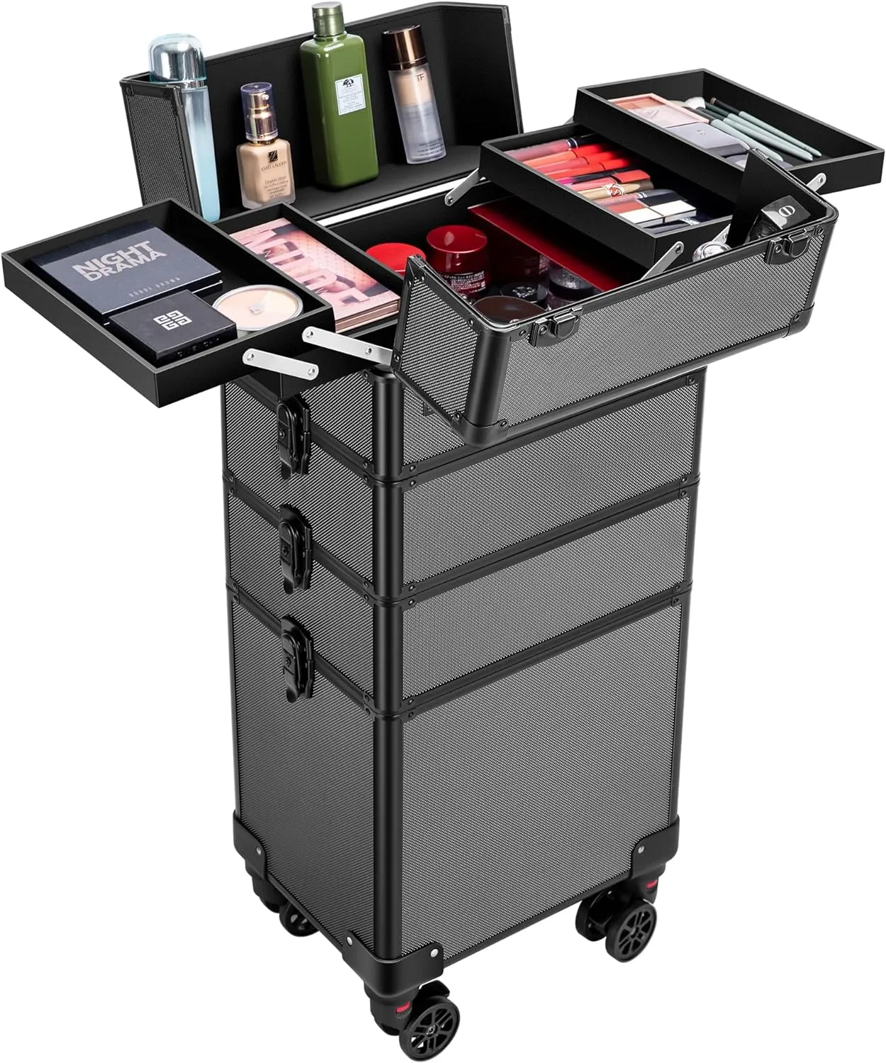 VIVOHOME 4 in 1 Makeup Rolling Train Case Aluminum Trolley Professional Cosmetic Organizer Box with Shoulder Straps 2 Keys Black(Cosmetic are not included)