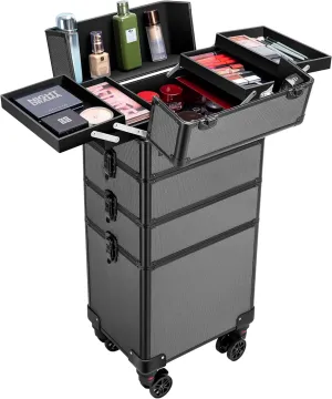 VIVOHOME 4 in 1 Makeup Rolling Train Case Aluminum Trolley Professional Cosmetic Organizer Box with Shoulder Straps 2 Keys Black(Cosmetic are not included)