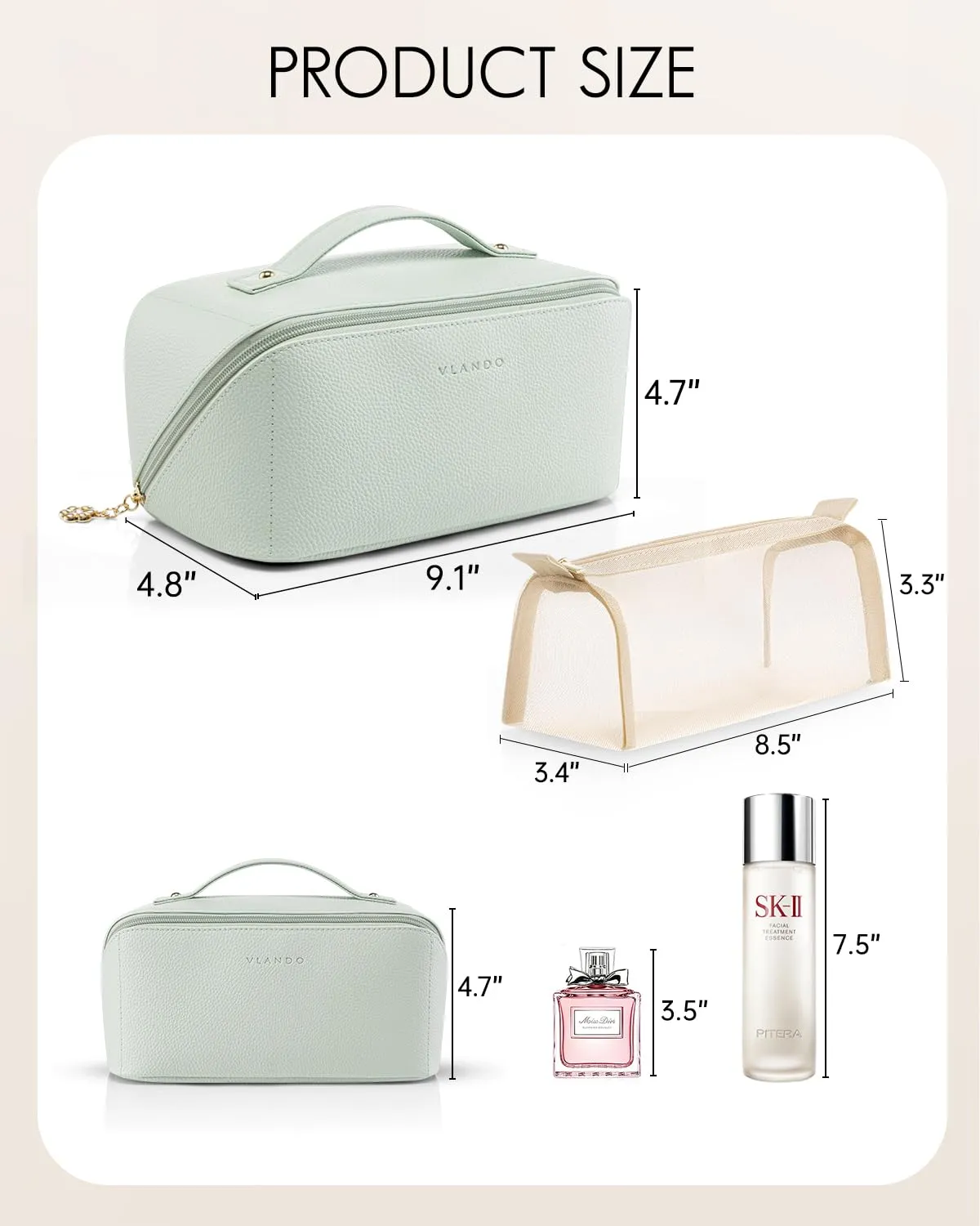Vlando Makeup Bag,Travel Makeup Bag Waterproof Portable Cosmetic Bag PU Leather Open Flat Make up Organizer for Toiletries,Makeup Brushes Bag Gifts for Teen Girls Women(Mint Green)