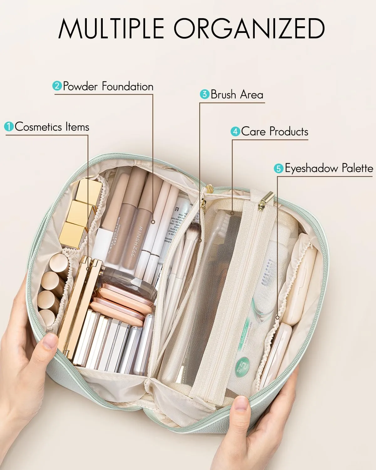 Vlando Makeup Bag,Travel Makeup Bag Waterproof Portable Cosmetic Bag PU Leather Open Flat Make up Organizer for Toiletries,Makeup Brushes Bag Gifts for Teen Girls Women(Mint Green)