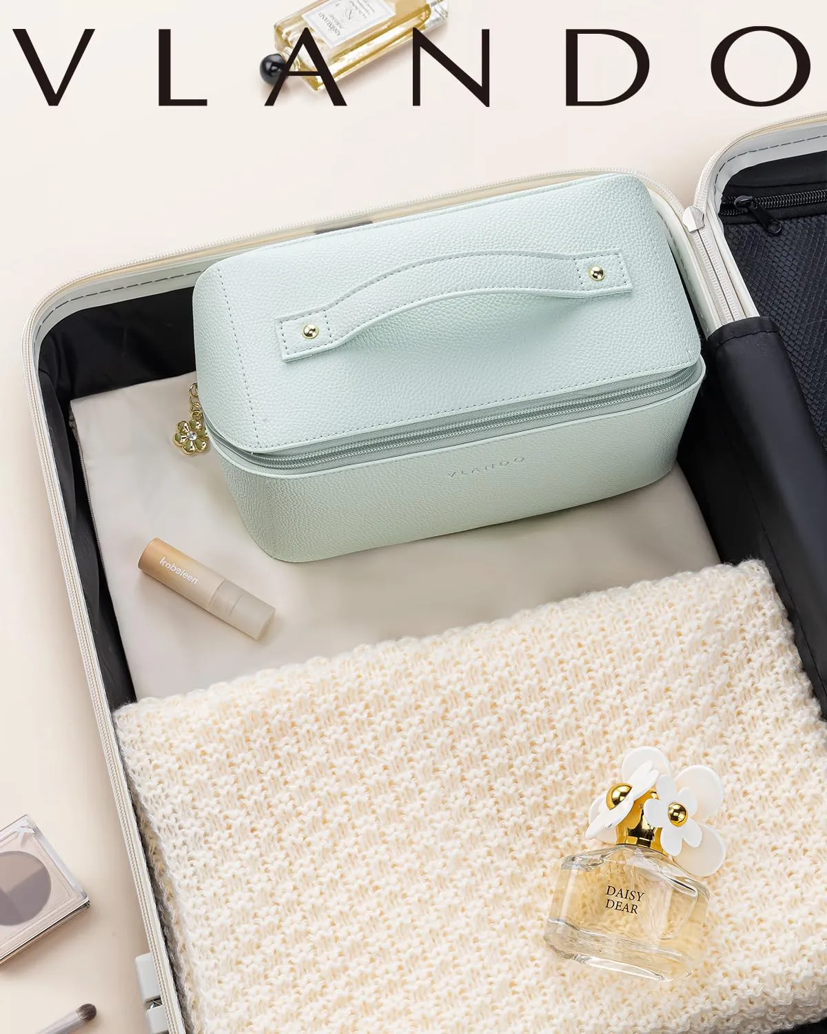 Vlando Makeup Bag,Travel Makeup Bag Waterproof Portable Cosmetic Bag PU Leather Open Flat Make up Organizer for Toiletries,Makeup Brushes Bag Gifts for Teen Girls Women(Mint Green)