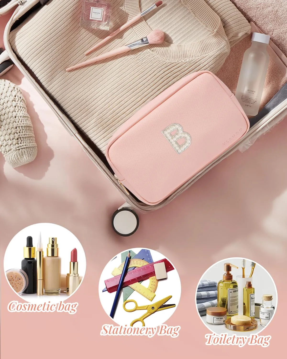 Vlando Personalized Makeup Organzier Bag,Gift for Women Cute Makeup Pouch, PU Leather Make up Travel Bag Cosmetic Bag Birthday Gifts for Couple Mom Wife Letter B