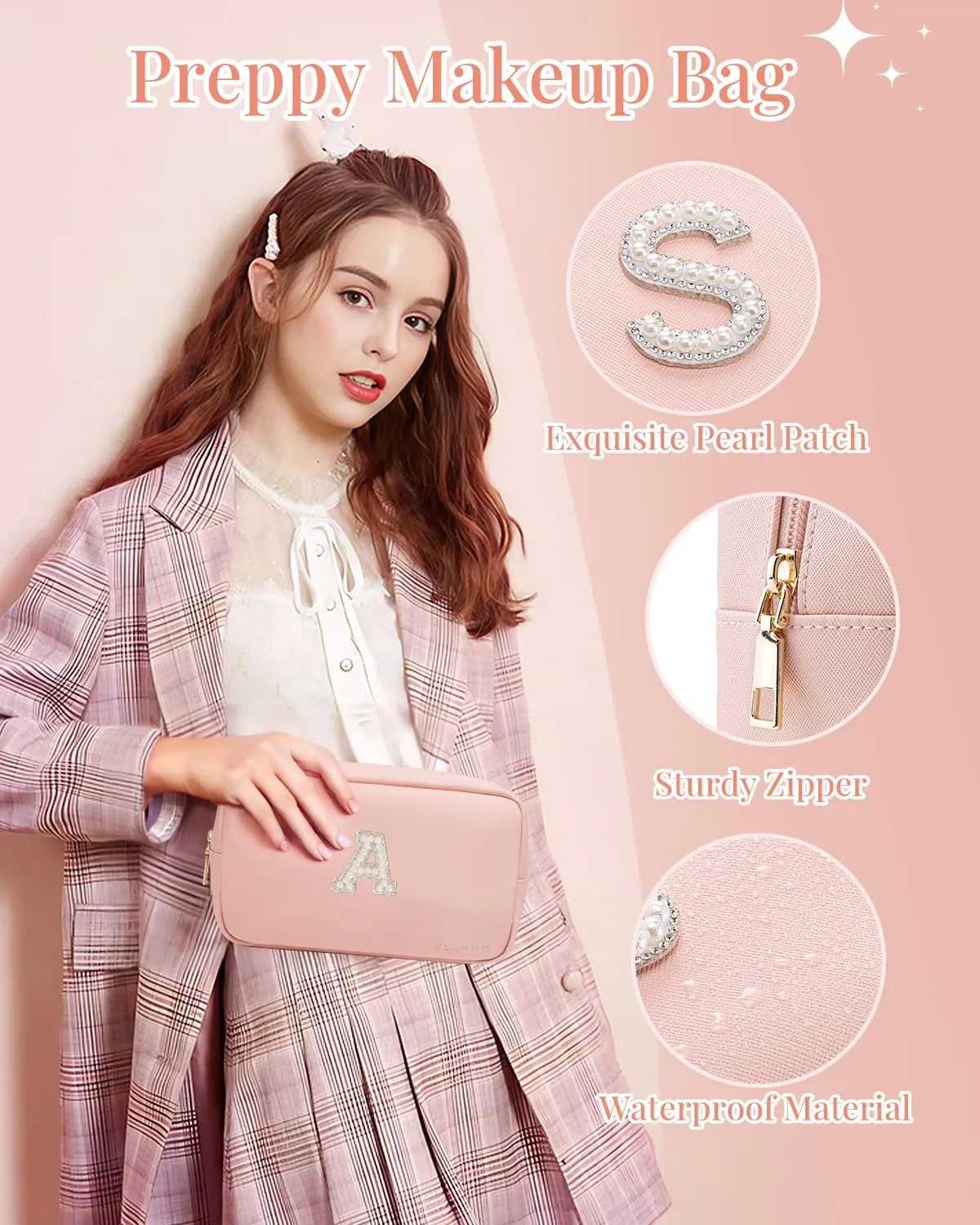 Vlando Personalized Makeup Organzier Bag,Gift for Women Cute Makeup Pouch, PU Leather Make up Travel Bag Cosmetic Bag Birthday Gifts for Couple Mom Wife Letter B