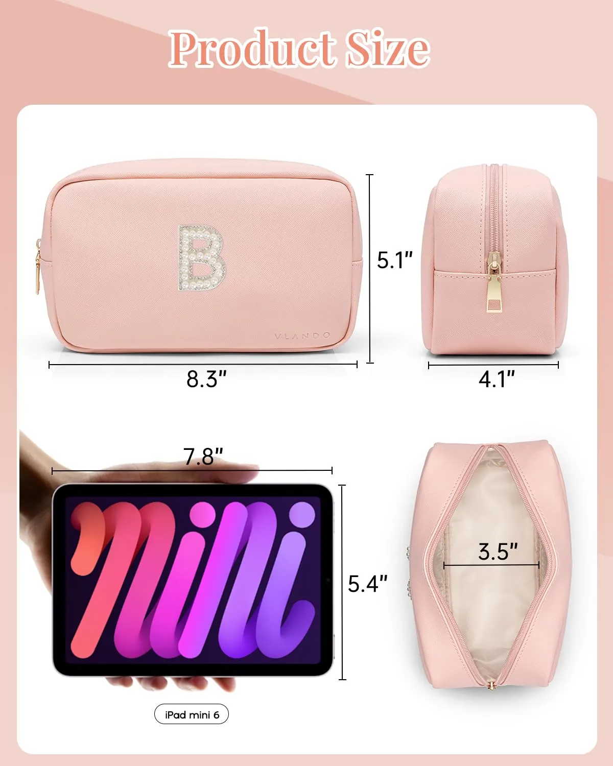 Vlando Personalized Makeup Organzier Bag,Gift for Women Cute Makeup Pouch, PU Leather Make up Travel Bag Cosmetic Bag Birthday Gifts for Couple Mom Wife Letter B