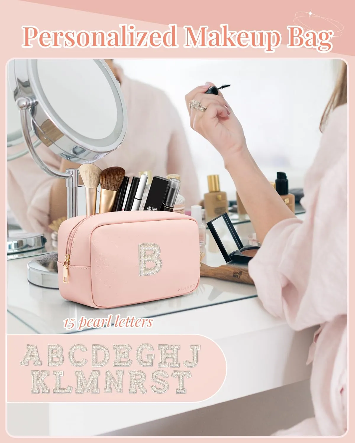 Vlando Personalized Makeup Organzier Bag,Gift for Women Cute Makeup Pouch, PU Leather Make up Travel Bag Cosmetic Bag Birthday Gifts for Couple Mom Wife Letter B