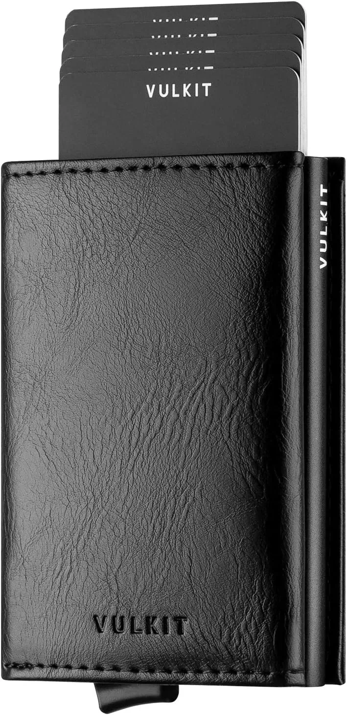 VULKIT Credit Card Holder Leather Bifold Pop up Wallet with Banknote Compartment, ID Window & Coin