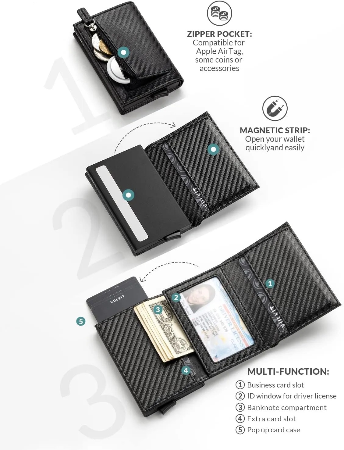 VULKIT Credit Card Holder Leather Bifold Pop up Wallet with Banknote Compartment, ID Window & Coin
