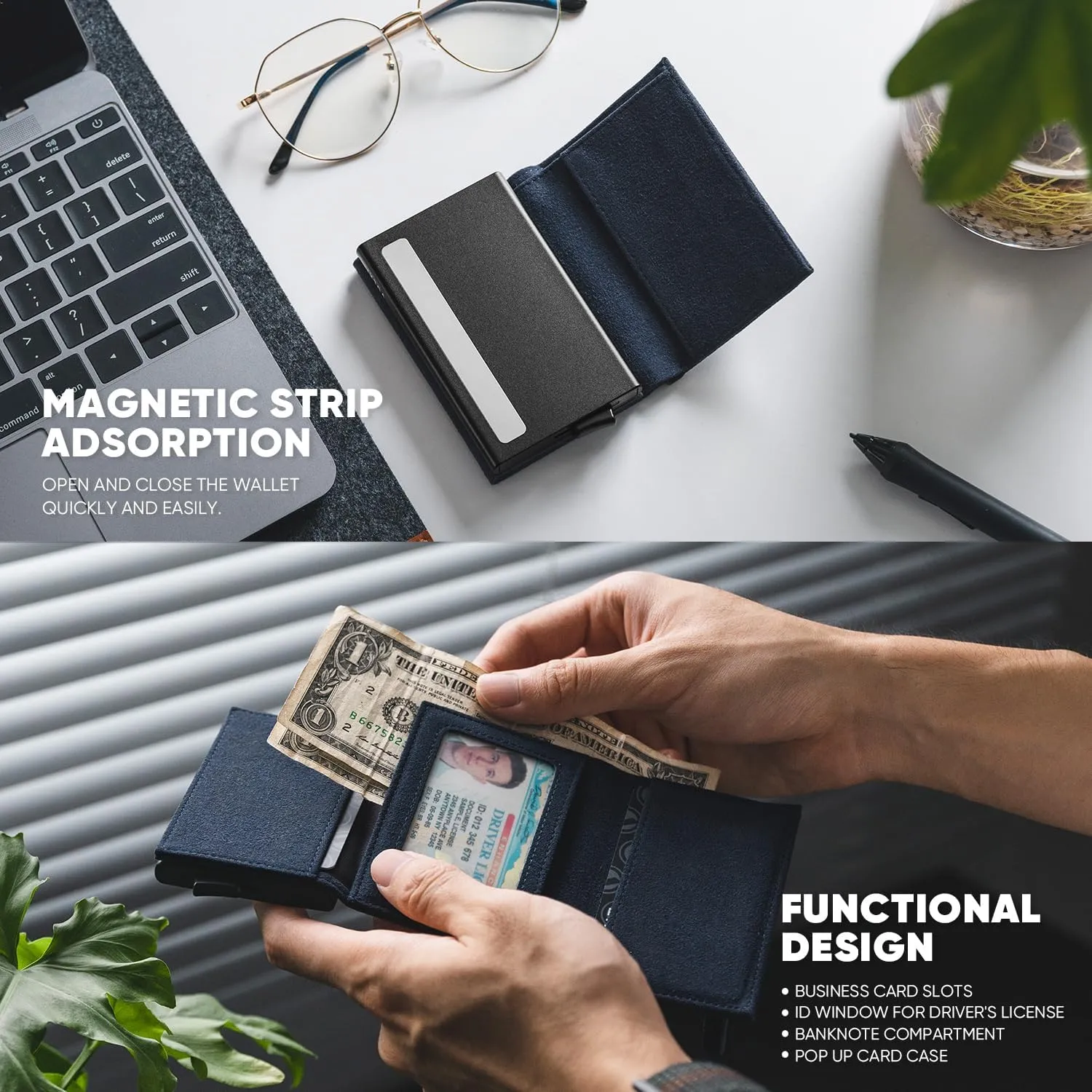 VULKIT Credit Card Holder Leather Bifold Pop up Wallet with Banknote Compartment, ID Window & Coin