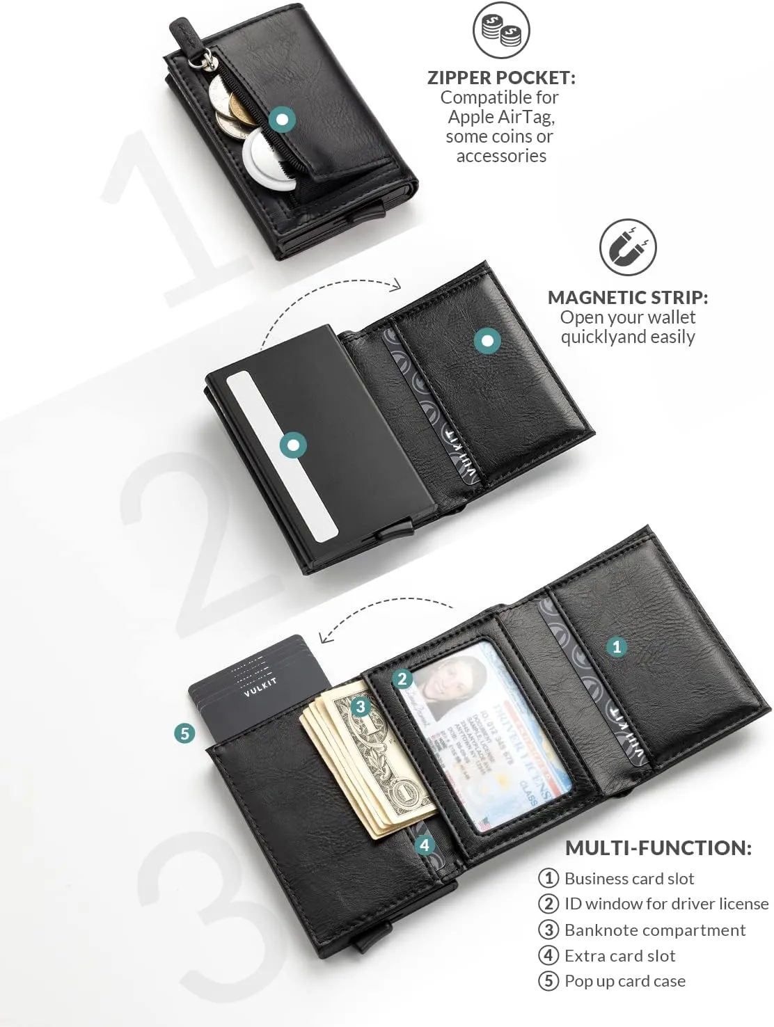 VULKIT Credit Card Holder Leather Bifold Pop up Wallet with Banknote Compartment, ID Window & Coin