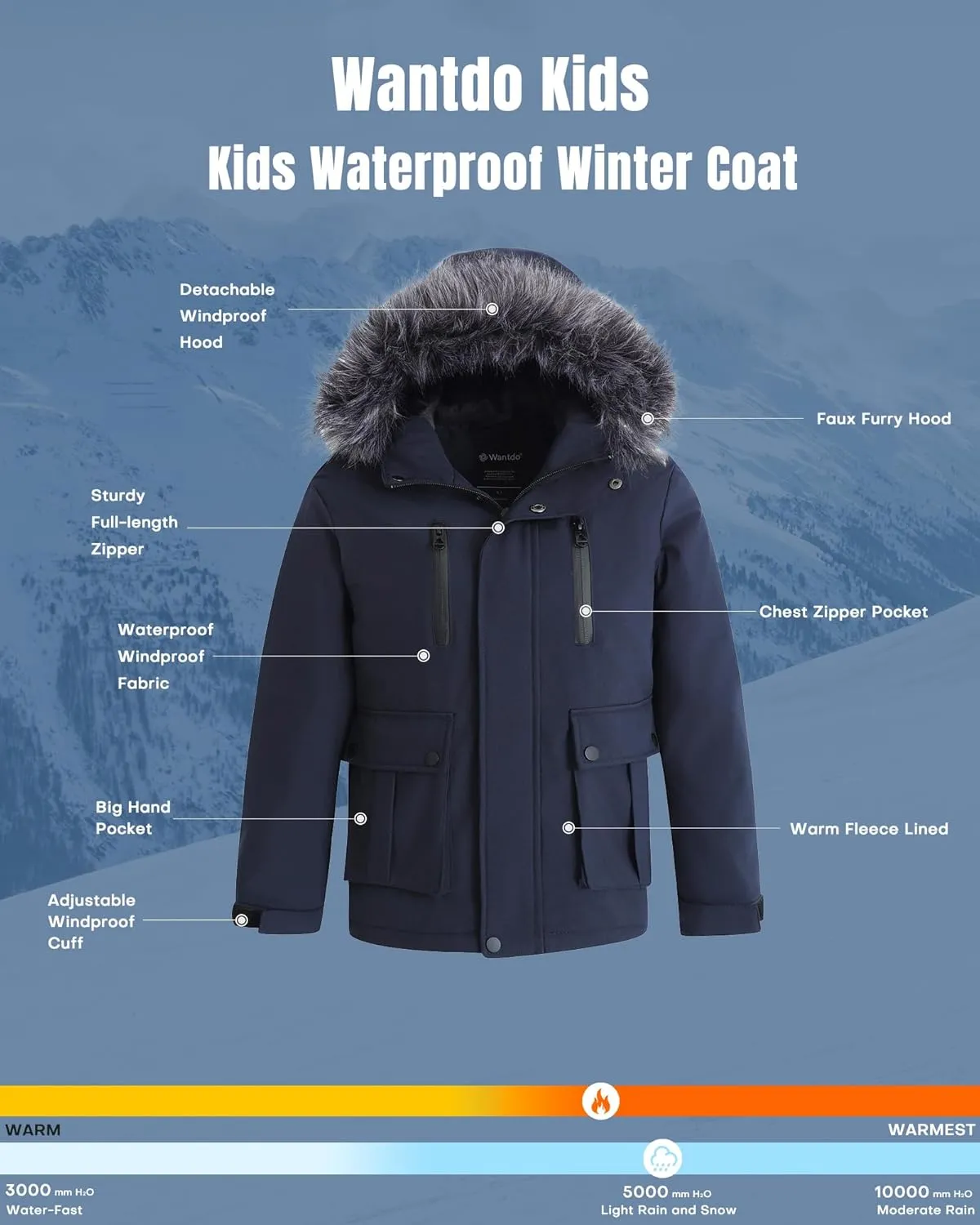 wantdo Boys Winter Coat Waterproof Windbreaker Snow Ski Jacket Warm Thick Kids Coats Rain Jackets