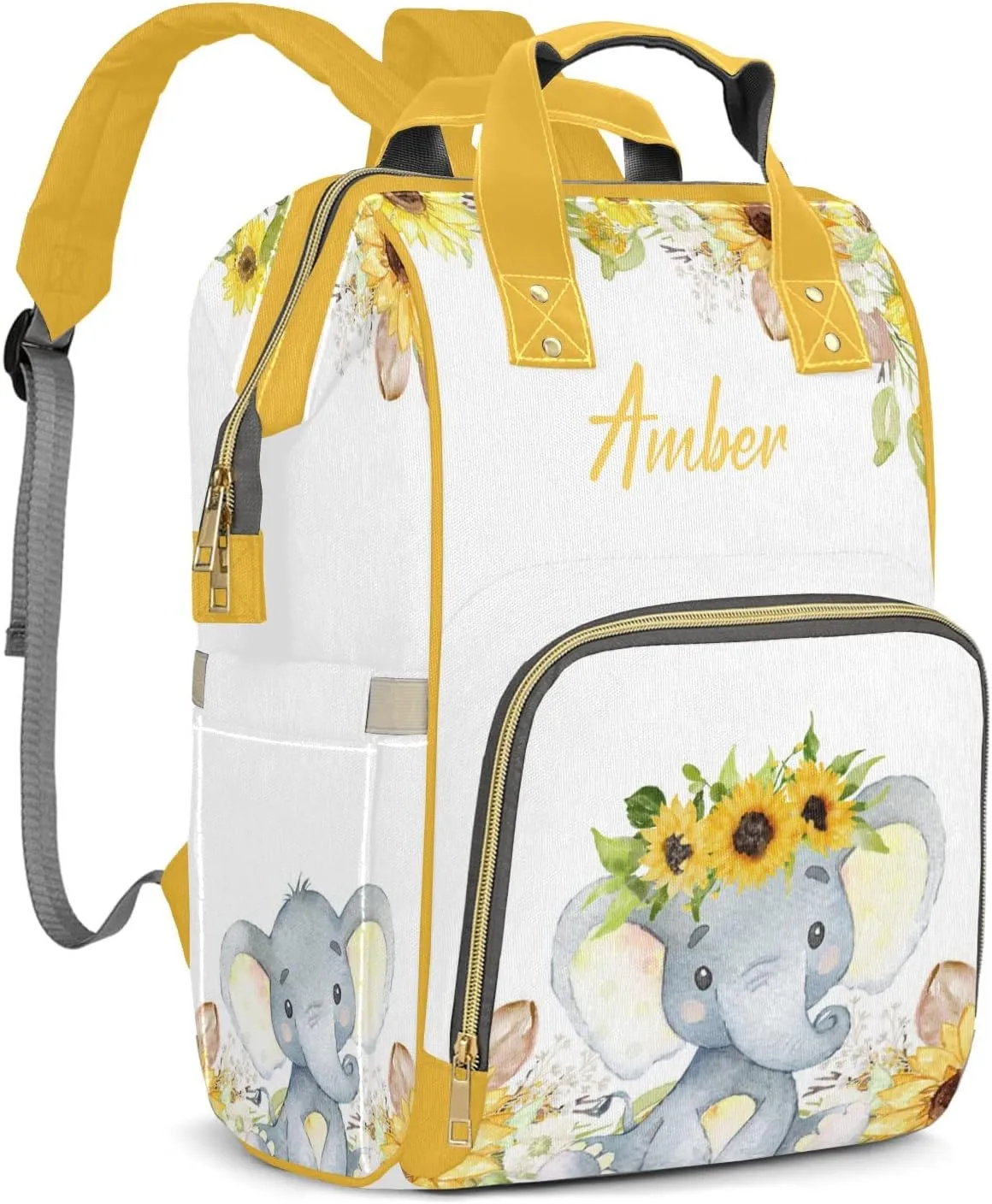 Watercolor Elephant Sunflower Diaper Bags Backpack Customized Baby Bag Nursing Nappy Bag Travel Tote Gifts for Women