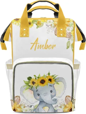 Watercolor Elephant Sunflower Diaper Bags Backpack Customized Baby Bag Nursing Nappy Bag Travel Tote Gifts for Women