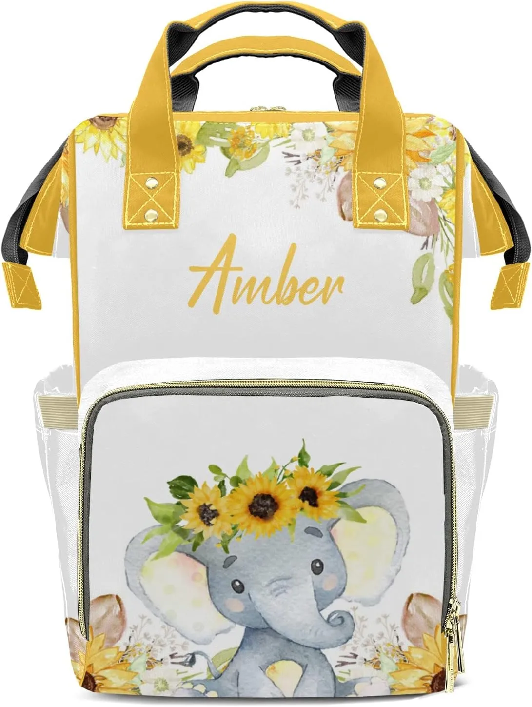 Watercolor Elephant Sunflower Diaper Bags Backpack Customized Baby Bag Nursing Nappy Bag Travel Tote Gifts for Women