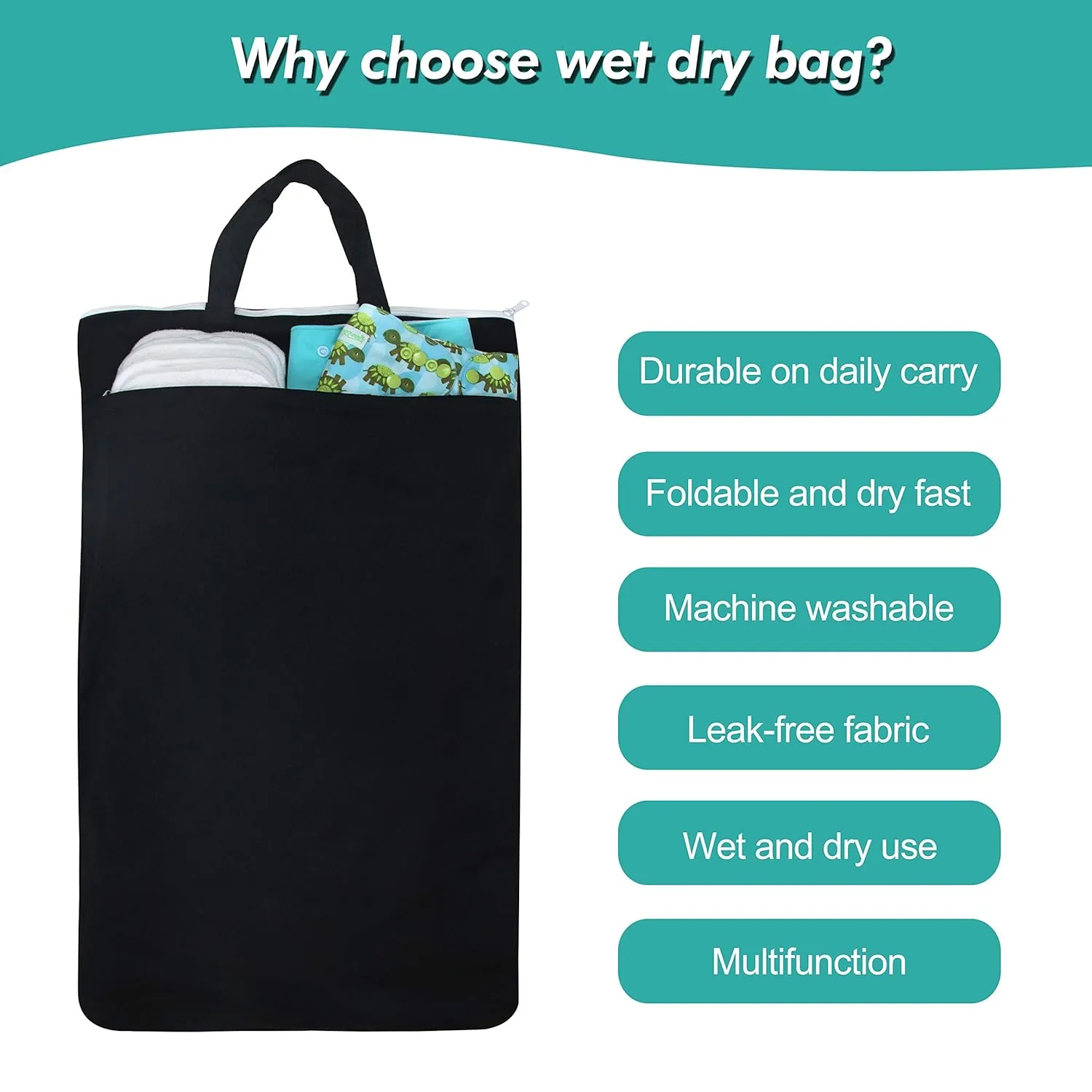 wegreeco Large Reusable Hanging Wet Dry Cloth Diaper Bag (Black)