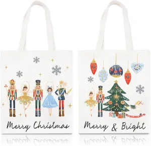 Whaline 2Pcs Christmas Canvas Tote Bags Nutcracker Xmas Balls Tree Grocery Shopping Bag Merry Christmas Reusable Gift Goodie Bag for Gifts Wrapping Storage