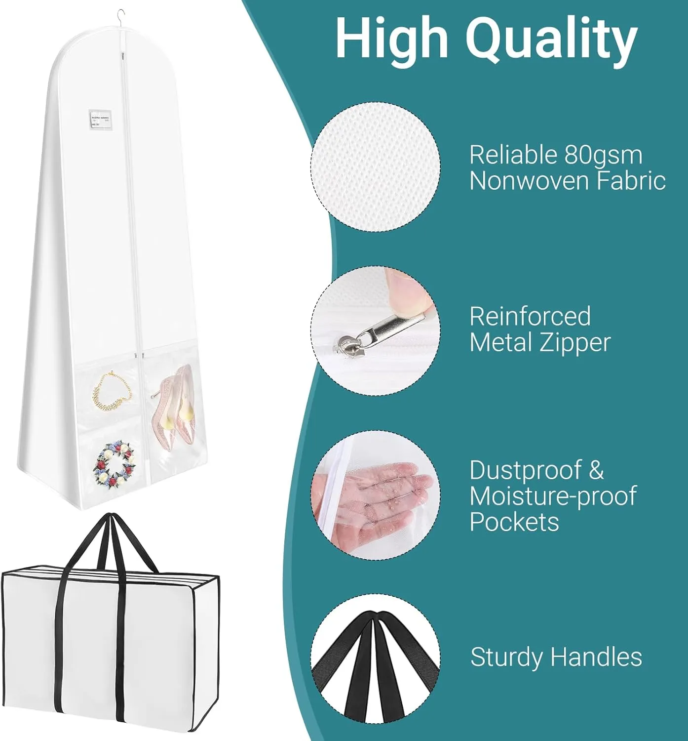 White Wedding Dress Garment Bag with Portable Bride Tote Bag, 16" Wide Gusset Dress Bags for Gowns & Long Prom Dresses, Wedding Dress Bag for Traveling Women, with 3 Pockets, 70x24x16"